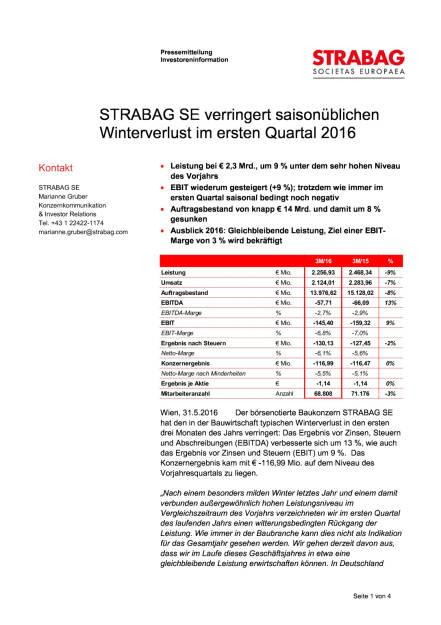 Strabag Q1 2016, Seite 1/4, komplettes Dokument unter http://boerse-social.com/static/uploads/file_1135_strabag_q1_2016.pdf (31.05.2016) 