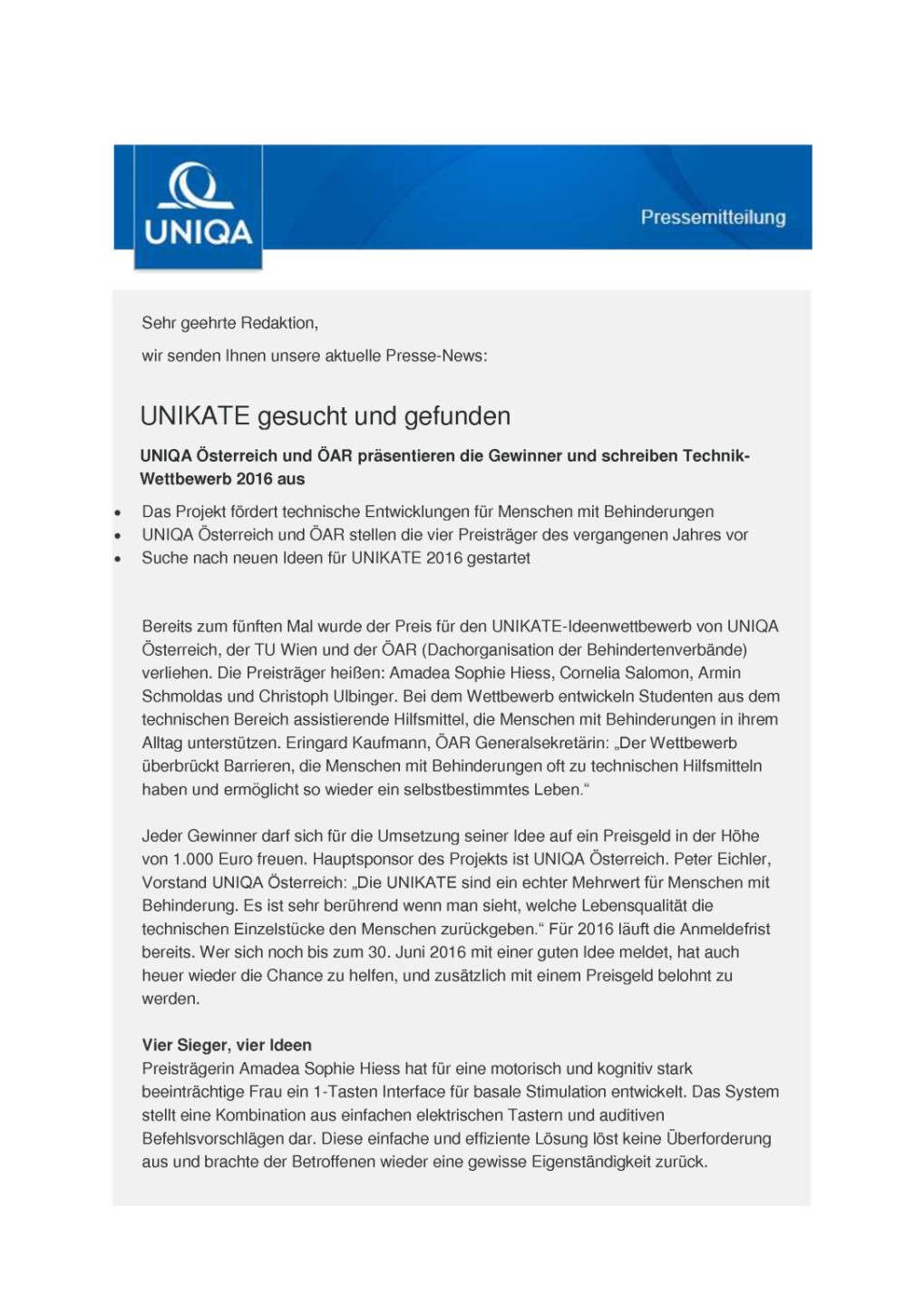 Uniqa: Unikate gesucht und gefunden, Seite 1/4, komplettes Dokument unter http://boerse-social.com/static/uploads/file_1141_uniqa_unikate_gesucht_und_gefunden.pdf