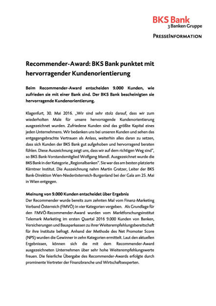 BKS Bank: Auszeichnung für hervorragende Kundenorientierung , Seite 1/2, komplettes Dokument unter http://boerse-social.com/static/uploads/file_1142_bks_bank_auszeichnung_fur_hervorragende_kundenorientierung.pdf (31.05.2016) 