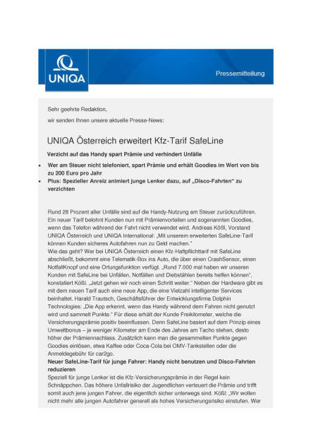 Uniqa Österreich erweitert Kfz-Tarif SafeLine, Seite 1/3, komplettes Dokument unter http://boerse-social.com/static/uploads/file_1156_uniqa_osterreich_erweitert_kfz-tarif_safeline.pdf (02.06.2016) 