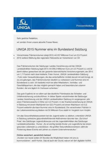 Uniqa: 2015 Nummer eins im Bundesland Salzburg, Seite 1/3, komplettes Dokument unter http://boerse-social.com/static/uploads/file_1164_uniqa_2015_nummer_eins_im_bundesland_salzburg.pdf (03.06.2016) 