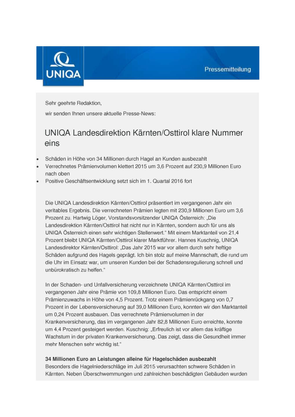 Uniqa Landesdirektion Kärnten/Osttirol klare Nummer eins, Seite 1/4, komplettes Dokument unter http://boerse-social.com/static/uploads/file_1170_uniqa_landesdirektion_karntenosttirol_klare_nummer_eins.pdf