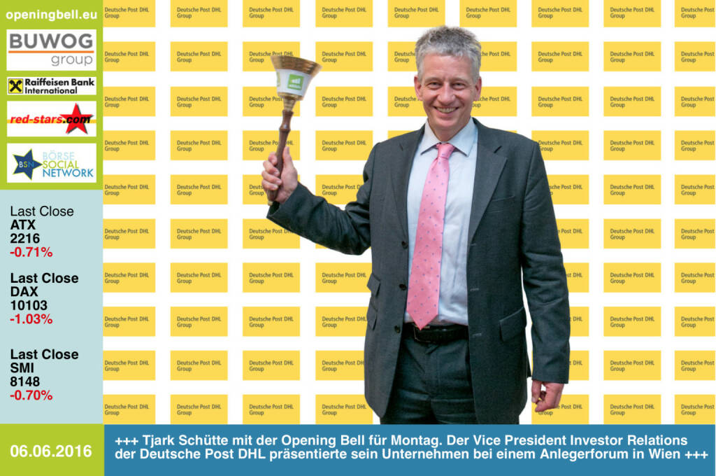 #openingbell am 6.6:  Tjark Schütte mit der Opening Bell für Montag. Der Vice President Investor Relations der Deutsche Post DHL präsentierte sein Unternehmen bei einem Anlegerforum in Wien http://www.dpdhl.com http://www.openingbell.eu (06.06.2016)