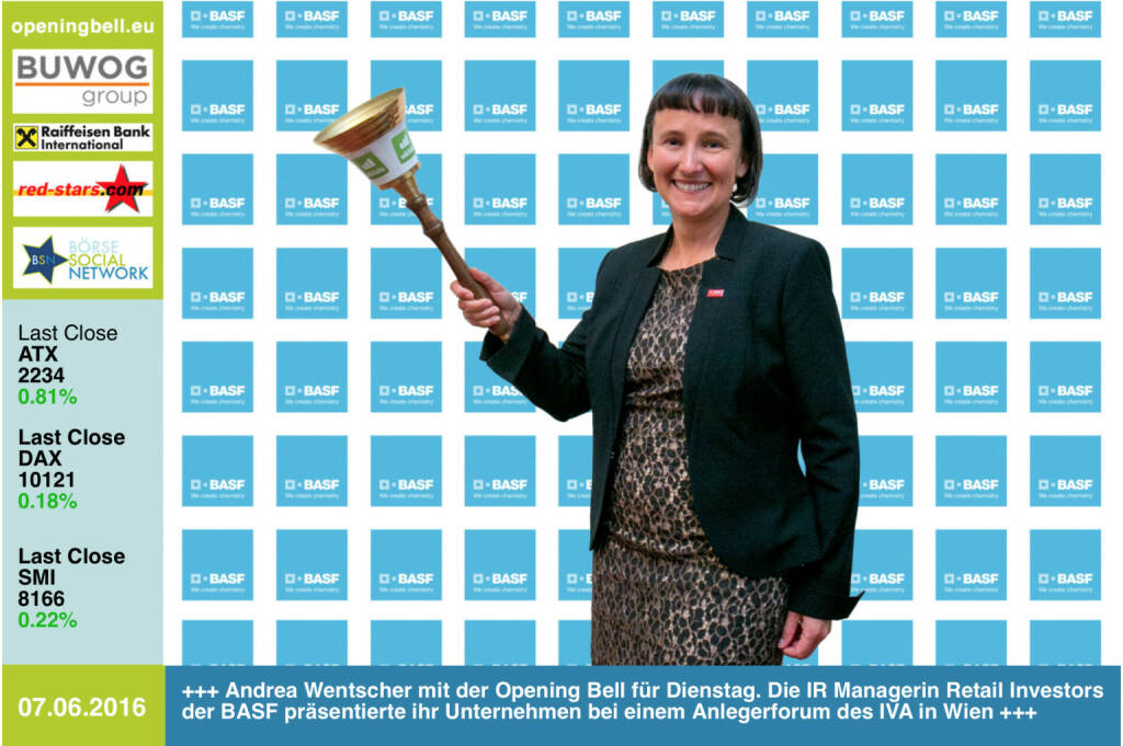 #openingbell am 7.6: Andrea Wentscher mit der Opening Bell für Dienstag. Die IR Managerin Retail Investors der BASF präsentierte ihr Unternehmen bei einem Anlegerforum des IVA in Wien http://www.basf.com http://www.openingbell.eu (07.06.2016) 