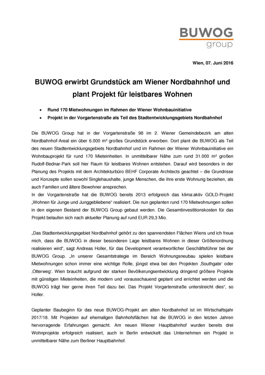 Buwog erwirbt Grundstück am Wiener Nordbahnhof, Seite 1/2, komplettes Dokument unter http://boerse-social.com/static/uploads/file_1177_buwog_erwirbt_grundstuck_am_wiener_nordbahnhof.pdf