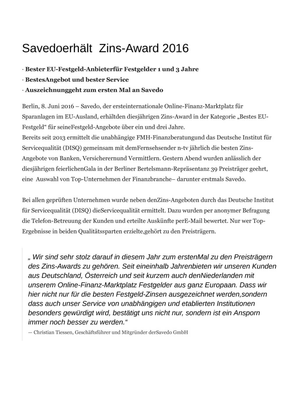 Savedo erhält  Zins-Award 2016, Seite 1/2, komplettes Dokument unter http://boerse-social.com/static/uploads/file_1183_savedo_erhalt_zins-award_2016.pdf