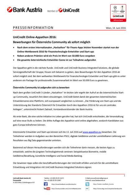 Bank Austria: UniCredit Online-Appathon 2016, Seite 1/2, komplettes Dokument unter http://boerse-social.com/static/uploads/file_1207_bank_austria_unicredit_online-appathon_2016.pdf (14.06.2016) 