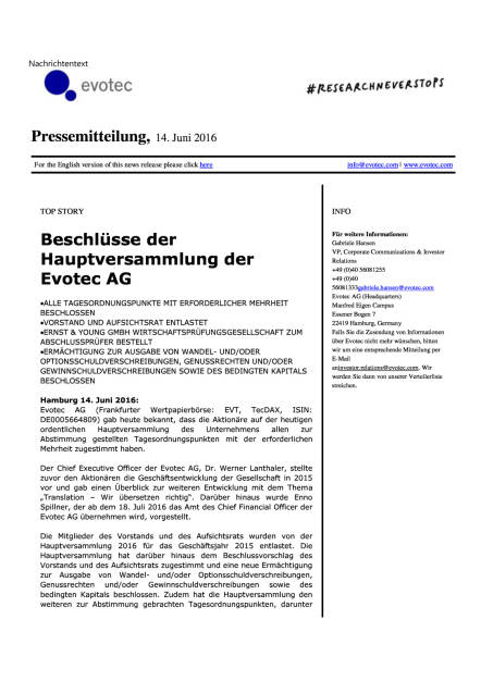 evotec: Beschlüsse der Hauptversammlung, Seite 1/2, komplettes Dokument unter http://boerse-social.com/static/uploads/file_1215_evotec_beschlusse_der_hauptversammlung.pdf (14.06.2016) 