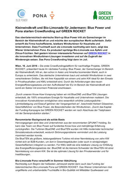 Blue Power und Pona starten Crowdfunding auf Green Rocket, Seite 1/2, komplettes Dokument unter http://boerse-social.com/static/uploads/file_1225_blue_power_und_pona_starten_crowdfunding_auf_green_rocket.pdf (16.06.2016) 