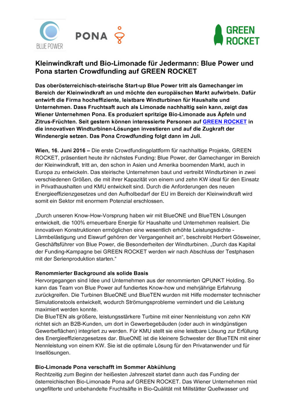 Blue Power und Pona starten Crowdfunding auf Green Rocket, Seite 1/2, komplettes Dokument unter http://boerse-social.com/static/uploads/file_1225_blue_power_und_pona_starten_crowdfunding_auf_green_rocket.pdf