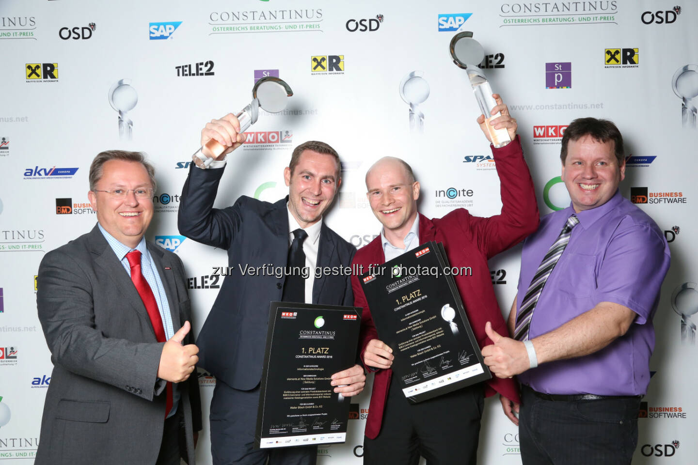 Wolfgang Reiger (UBIT-Fachgruppenobmann), Jürgen Lung (Walter Bösch), Christian Fasching (elements), Peter Lieber (Sparx Systems) : elements gewinnt Constantinus Award 2016 : Fotocredit: Constantinus Club/Cityfoto Roland Pelzl