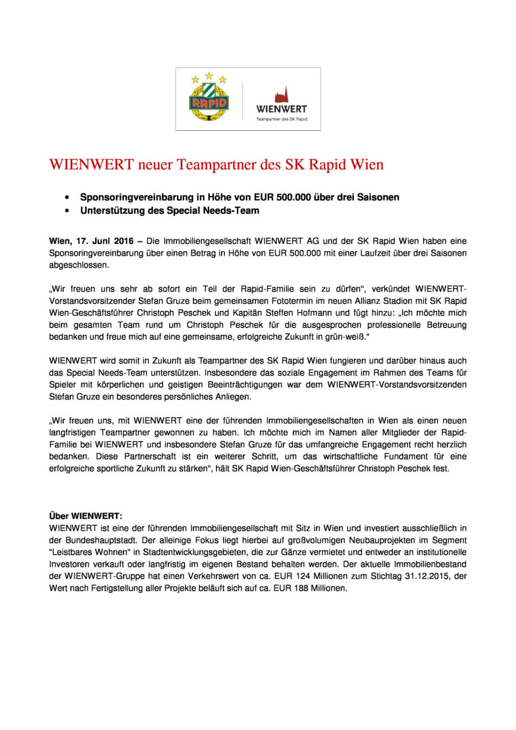 Wienwert neuer Teampartner des SK Rapid Wien, Seite 1/2, komplettes Dokument unter http://boerse-social.com/static/uploads/file_1229_wienwert_neuer_teampartner_des_sk_rapid_wien.pdf