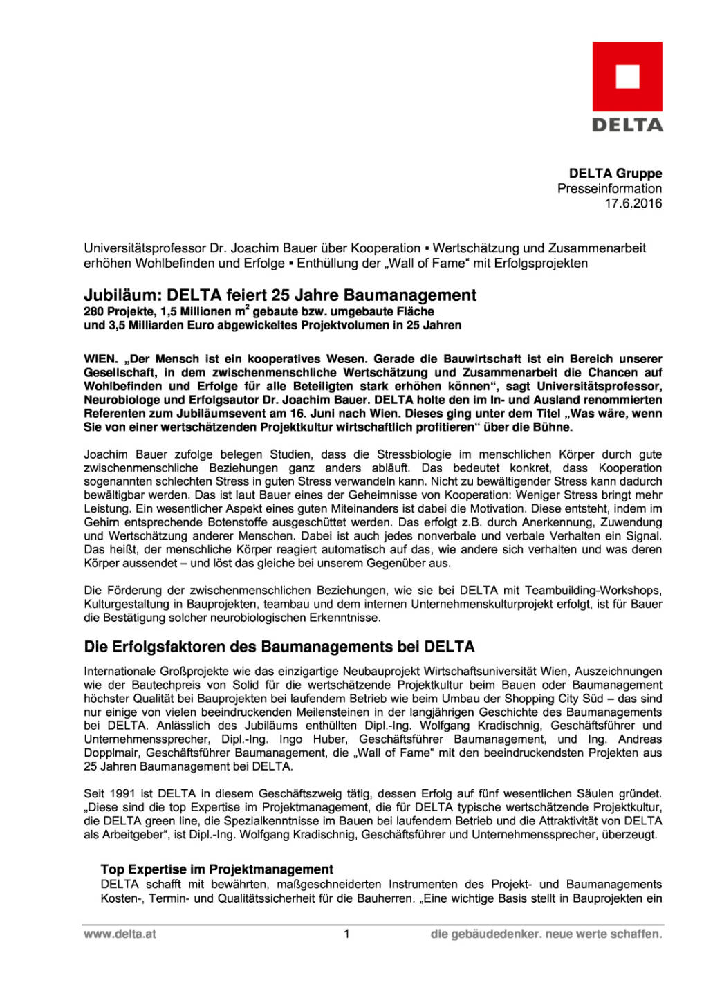 Delta feiert 25 Jahre Baumanagement, Seite 1/6, komplettes Dokument unter http://boerse-social.com/static/uploads/file_1231_delta_feiert_25_jahre_baumanagement.pdf
