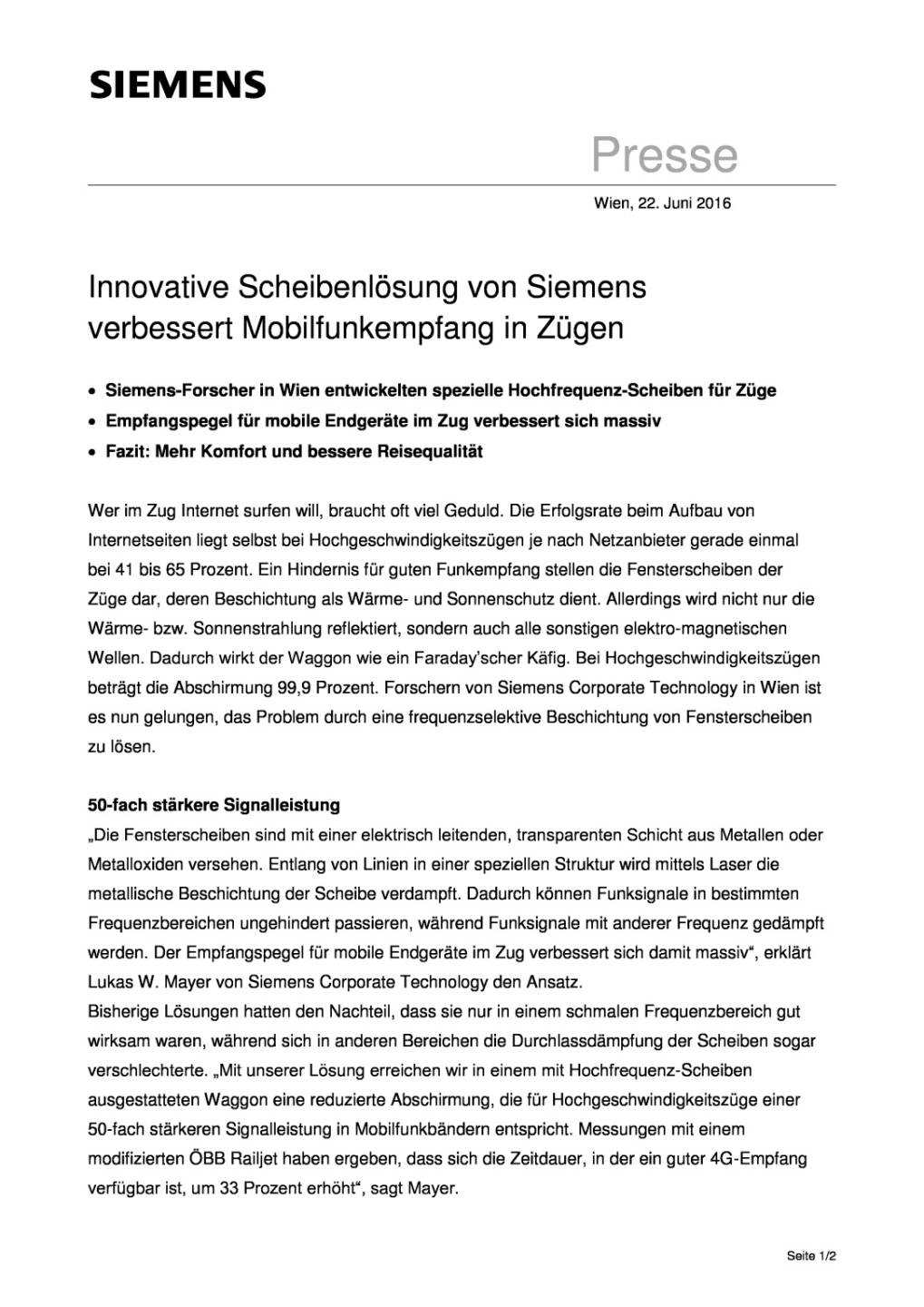 Siemens: Innovative Scheibenlösung verbessert Mobilfunkempfang in Zügen, Seite 1/2, komplettes Dokument unter http://boerse-social.com/static/uploads/file_1251_siemens_innovative_scheibenlosung_verbessert_mobilfunkempfang_in_zugen.pdf