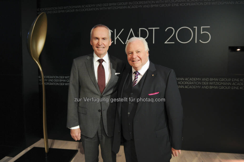 Friedrich Eichiner (Mitglied des Vorstands der BMW AG, Finanzen), Eckart Witzigmann („Koch des Jahrhunderts“) : Witzigmann Symposium 2016: BMW Group und Witzigmann Academy verstärken Engagement für nachhaltige Betriebsgastronomie : Fotocredit: BMW Group, © Aussender (22.06.2016)