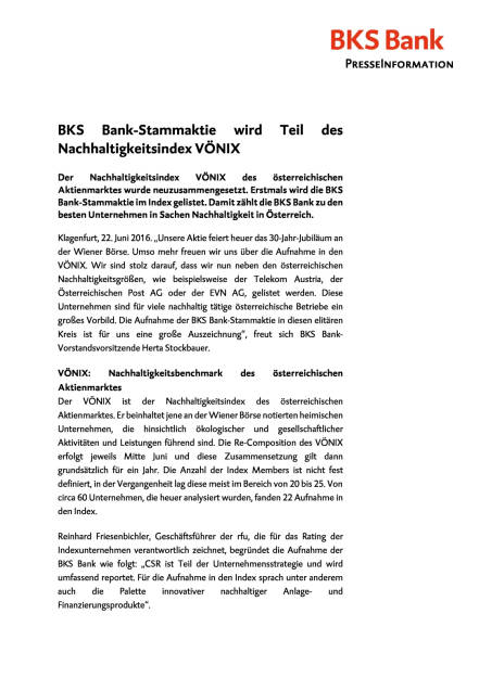 BKS Bank-Stammaktie wird Teil des Nachhaltigkeitsindex VÖNIX, Seite 1/2, komplettes Dokument unter http://boerse-social.com/static/uploads/file_1256_bks_bank-stammaktie_wird_teil_des_nachhaltigkeitsindex_vonix.pdf (23.06.2016) 