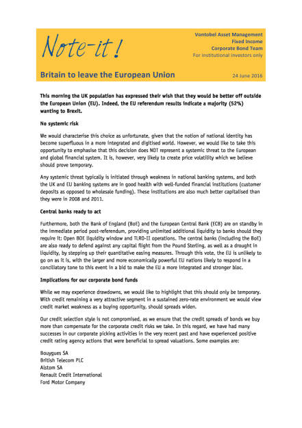 Vontobel: Brexit, Seite 1/2, komplettes Dokument unter http://boerse-social.com/static/uploads/file_1262_vontobel_brexit.pdf (24.06.2016) 