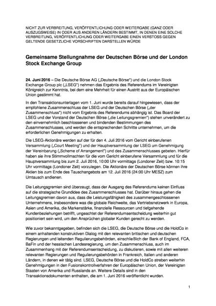 Gemeinsame Stellungnahme der Deutschen Börse und der London Stock Exchange Group, Seite 1/3, komplettes Dokument unter http://boerse-social.com/static/uploads/file_1267_gemeinsame_stellungnahme_der_deutschen_borse_und_der_london_stock_exchange_group.pdf (24.06.2016) 
