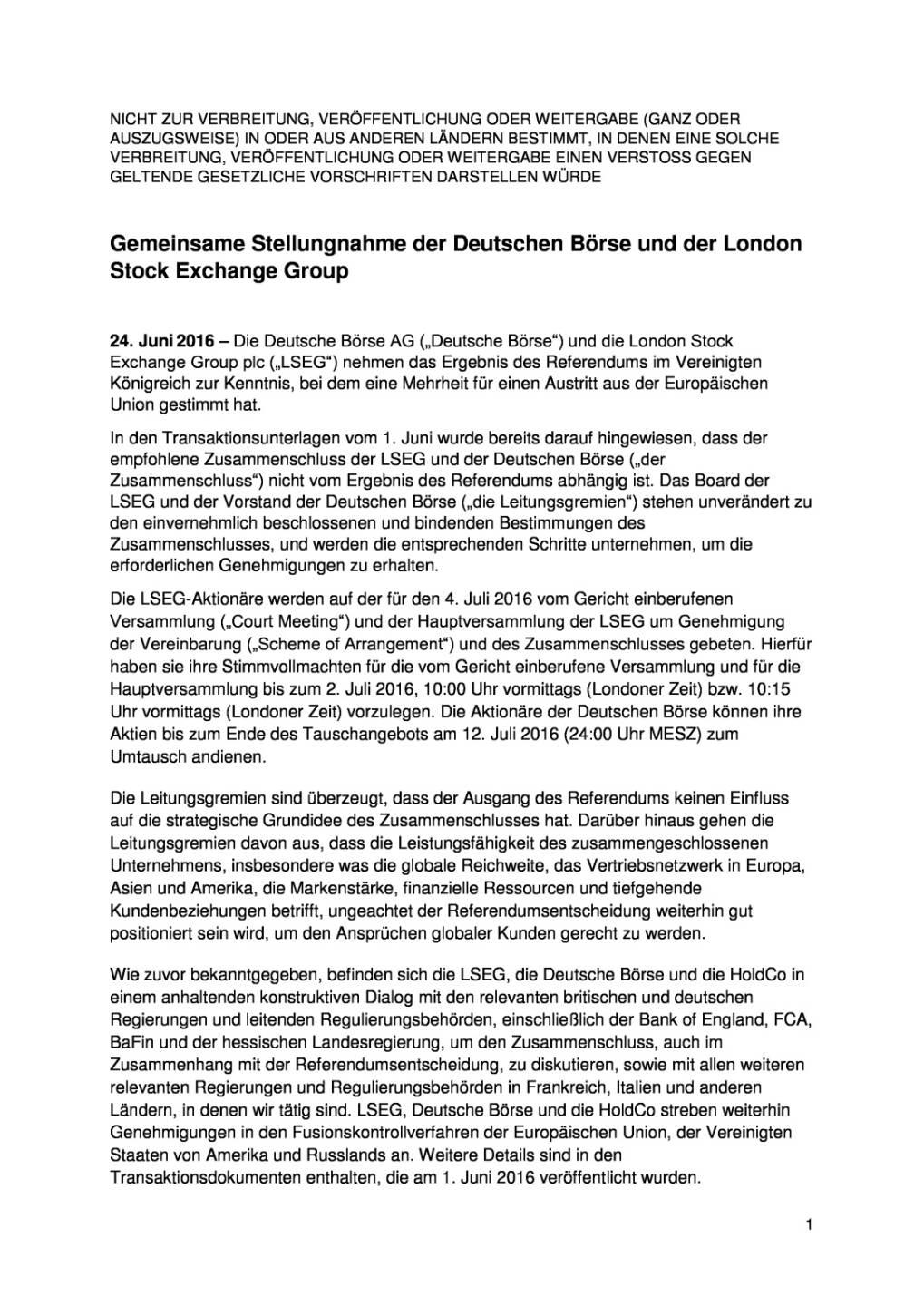 Gemeinsame Stellungnahme der Deutschen Börse und der London Stock Exchange Group, Seite 1/3, komplettes Dokument unter http://boerse-social.com/static/uploads/file_1267_gemeinsame_stellungnahme_der_deutschen_borse_und_der_london_stock_exchange_group.pdf