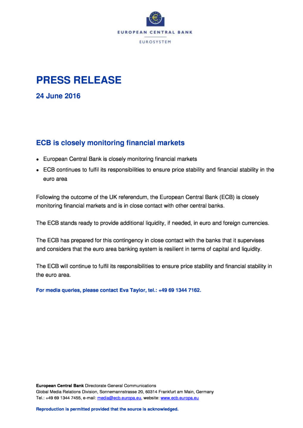 ECB is closely monitoring financial markets, Seite 1/1, komplettes Dokument unter http://boerse-social.com/static/uploads/file_1273_ecb_is_closely_monitoring_financial_markets.pdf