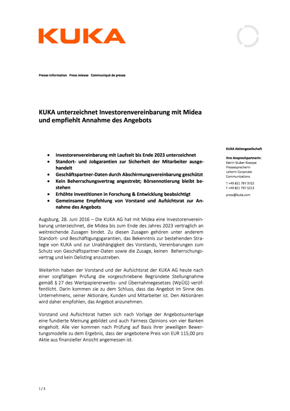 Kuka unterzeichnet Investorenvereinbarung, Seite 1/3, komplettes Dokument unter http://boerse-social.com/static/uploads/file_1287_kuka_unterzeichnet_investorenvereinbarung.pdf