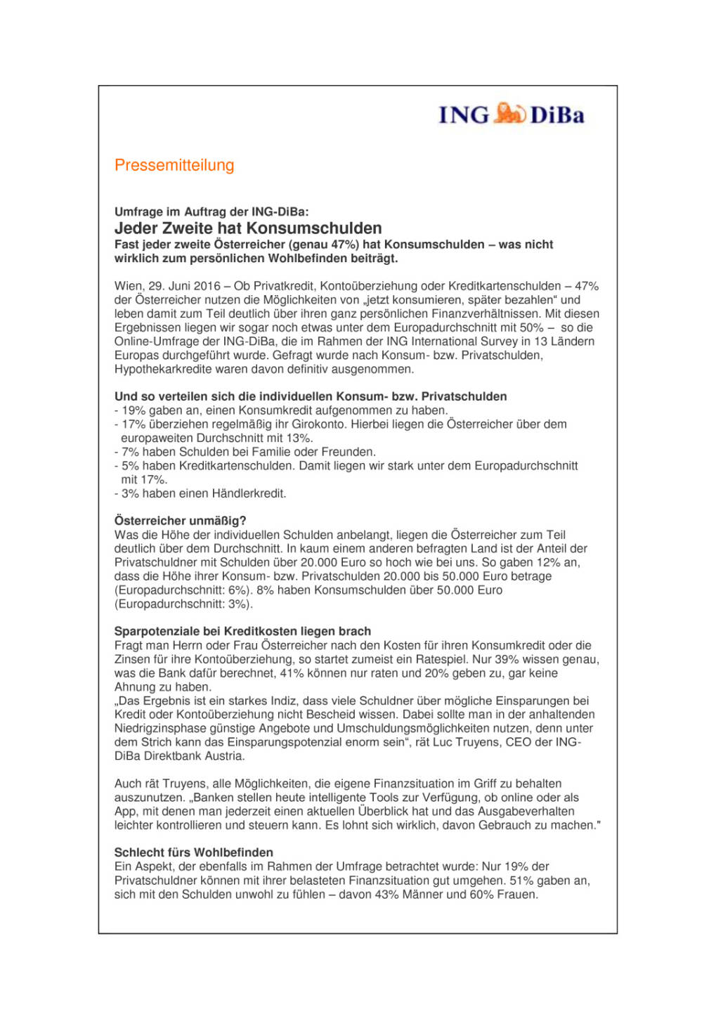 ING-DiBa Umfrage: Jeder Zweite hat Konsumschulden , Seite 1/2, komplettes Dokument unter http://boerse-social.com/static/uploads/file_1297_ing-diba_umfrage_jeder_zweite_hat_konsumschulden.pdf