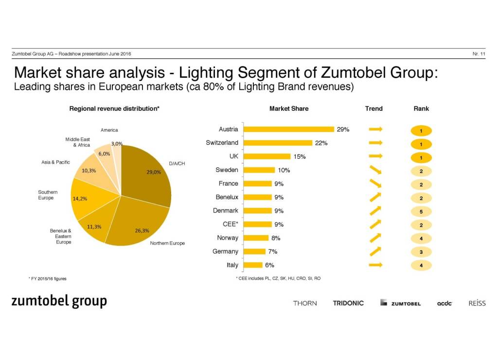 Leading shares in European markets: Market share analysis - Lighting Segment of Zumtobel Group (30.06.2016) 