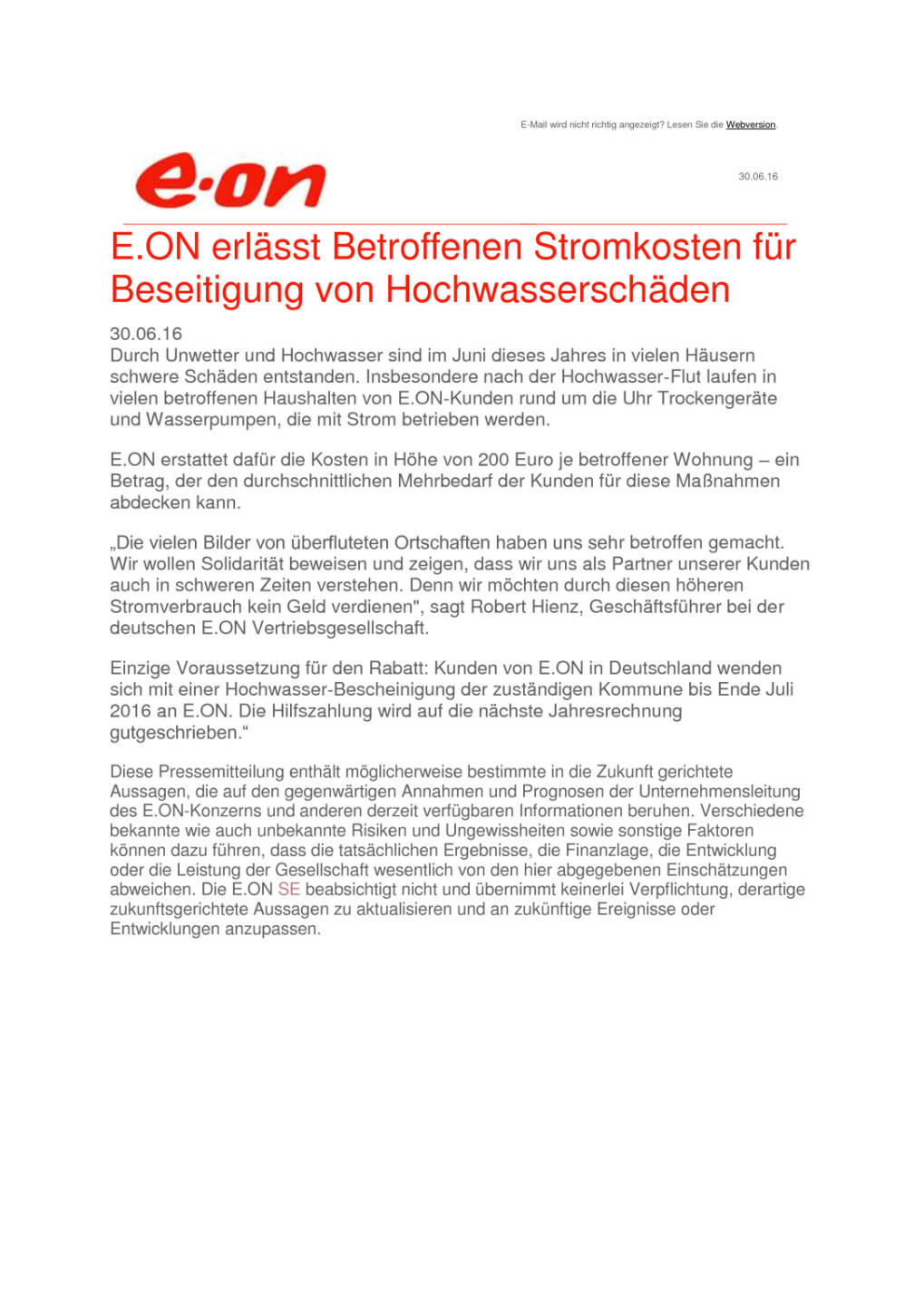 E.ON erlässt Betroffenen Stromkosten für Beseitigung von Hochwasserschäden, Seite 1/1, komplettes Dokument unter http://boerse-social.com/static/uploads/file_1308_eon_erlasst_betroffenen_stromkosten_fur_beseitigung_von_hochwasserschaden.pdf