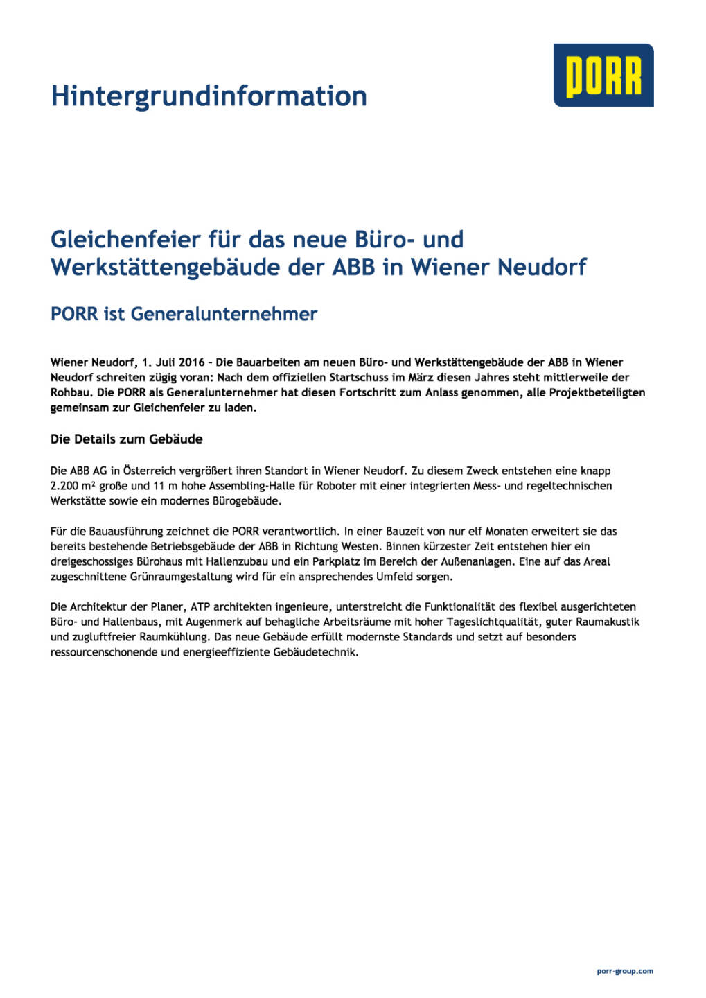 Porr - Gleichenfeier für das neue Büro- und Werkstättengebäude der ABB in Wiener Neudorf, Seite 1/2, komplettes Dokument unter http://boerse-social.com/static/uploads/file_1316_porr_-_gleichenfeier_fur_das_neue_buro-_und_werkstattengebaude_der_abb_in_wiener_neudorf.pdf