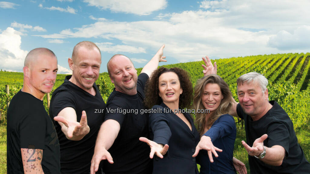 Max Schmiedl, Gery Keszler, Martin Weinek, Konstanze Breitebner, Petra Gumpold, Andreas Vitasek : „Alles in einem Rausch“ - Theaterrüscherl um den Uhudler im August in Heiligenbrunn : Fotocredit: Mazzuchelli, © Aussender (04.07.2016) 