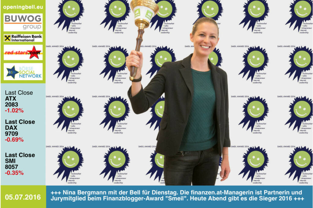 #openingbell am 5.7: Nina Bergmann mit der Opening Bell für Dienstag. Die finanzen.at-Managerin ist Partnerin und Jurymitglied beim Finanzblogger-Award Smeil. Heute Abend gibt es die Sieger 2016 http://www.smeil-award.com (05.07.2016)