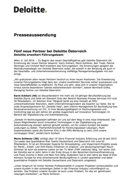 Deloitte Österreich: Fünf neue Partner, Seite 1/3, komplettes Dokument unter http://boerse-social.com/static/uploads/file_1343_deloitte_osterreich_funf_neue_partner.pdf (06.07.2016) 