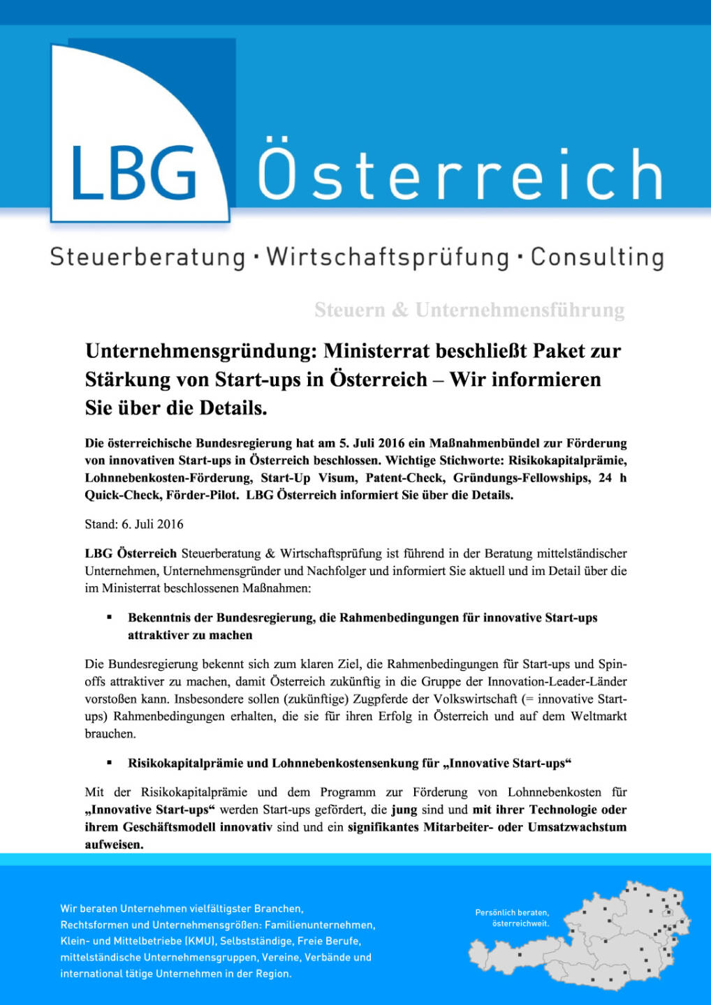 LBG Österreich: Ministerrat beschließt Paket zur Stärkung von Start-ups in Österreich, Seite 1/8, komplettes Dokument unter http://boerse-social.com/static/uploads/file_1344_lbg_osterreich_ministerrat_beschliesst_paket_zur_starkung_von_start-ups_in_osterreich.pdf