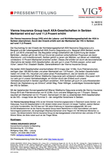 Vienna Insurance Group kauft AXA-Gesellschaften in Serbien , Seite 1/1, komplettes Dokument unter http://boerse-social.com/static/uploads/file_1349_vienna_insurance_group_kauft_axa-gesellschaften_in_serbien.pdf (07.07.2016) 