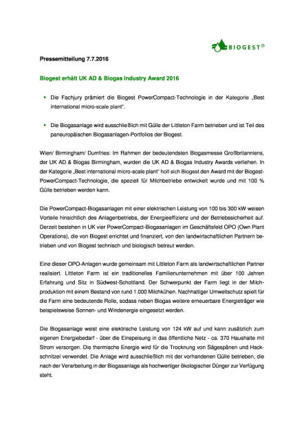 Biogest erhält UK AD & Biogas Industry Award 2016, Seite 1/2, komplettes Dokument unter http://boerse-social.com/static/uploads/file_1356_biogest_erhalt_uk_ad_biogas_industry_award_2016.pdf (07.07.2016) 