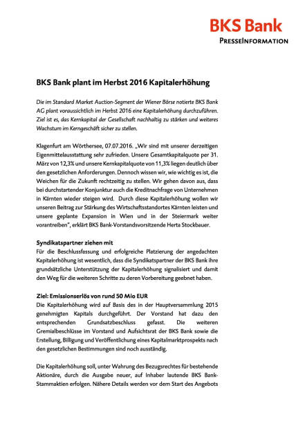 BKS Bank plant Kapitalerhöhung, Seite 1/2, komplettes Dokument unter http://boerse-social.com/static/uploads/file_1359_bks_bank_plant_kapitalerhohung.pdf (07.07.2016) 