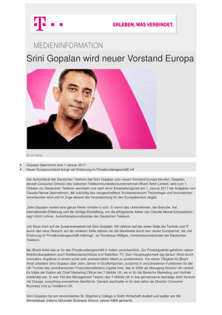 Deutsche Telekom: Srini Gopalan wird neuer Vorstand Europa, Seite 1/2, komplettes Dokument unter http://boerse-social.com/static/uploads/file_1361_deutsche_telekom_srini_gopalan_wird_neuer_vorstand_europa.pdf (07.07.2016) 