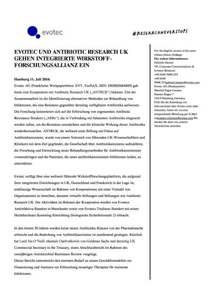 Evotec und Antibiotic Research UK gehen Wirkstoff-Forschungsallianz ein, Seite 1/3, komplettes Dokument unter http://boerse-social.com/static/uploads/file_1370_evotec_und_antibiotic_research_uk_gehen_wirkstoff-forschungsallianz_ein.pdf (11.07.2016) 