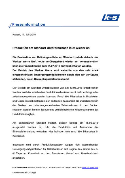 K+S AG: Produktion am Standort Unterbreizbach läuft wieder an, Seite 1/2, komplettes Dokument unter http://boerse-social.com/static/uploads/file_1375_ks_ag_produktion_am_standort_unterbreizbach_lauft_wieder_an.pdf (11.07.2016) 