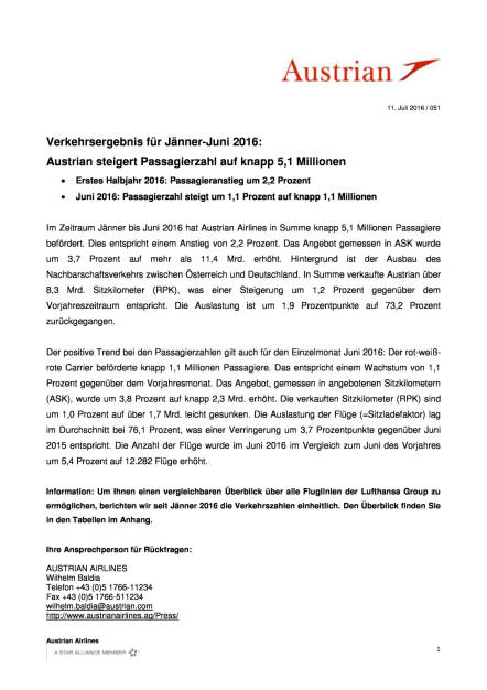 Austrian Airlines: Verkehrsergebnis Jänner-Juni 2016, Seite 1/3, komplettes Dokument unter http://boerse-social.com/static/uploads/file_1378_austrian_airlines_verkehrsergebnis_janner-juni_2016.pdf (11.07.2016) 