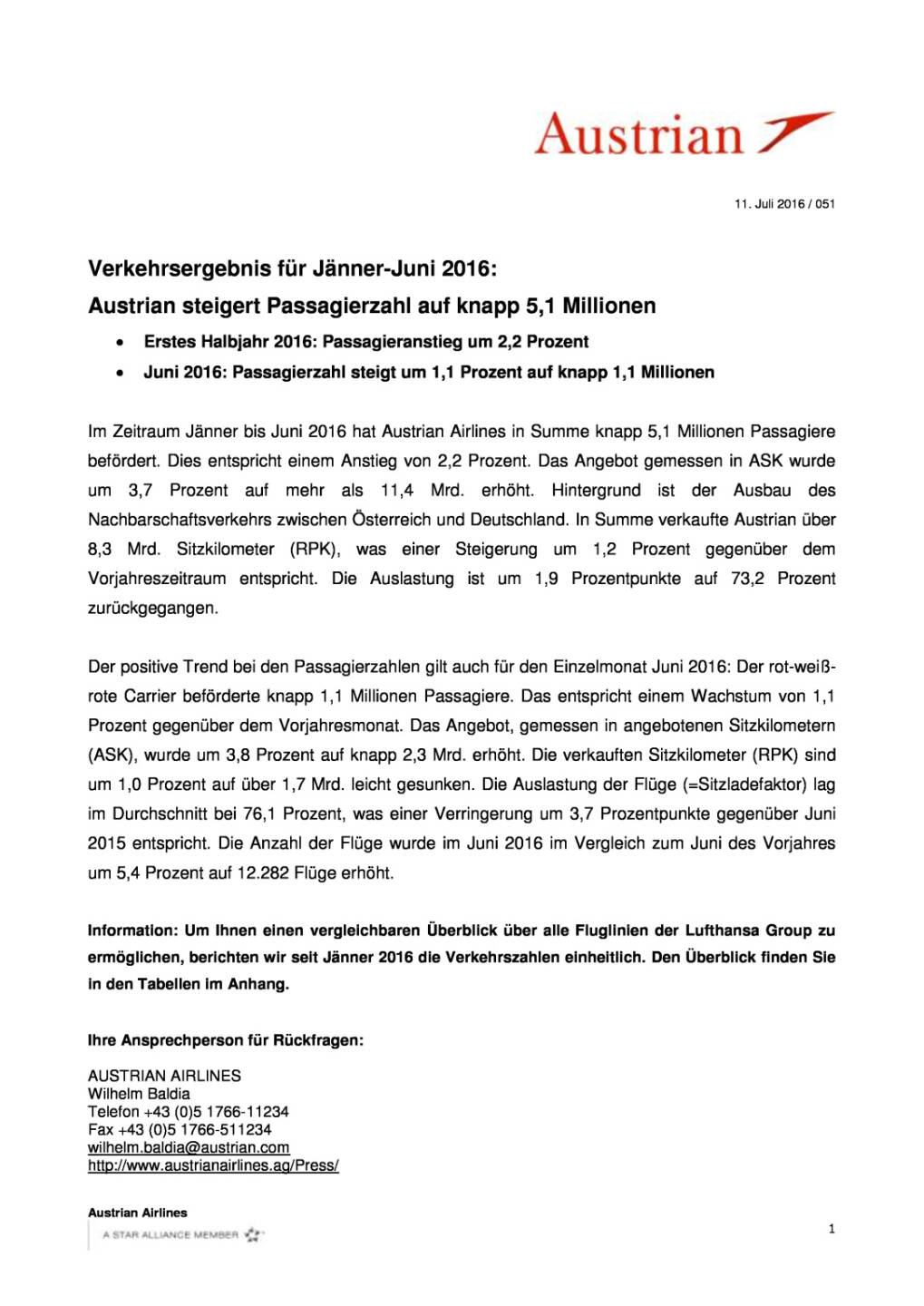 Austrian Airlines: Verkehrsergebnis Jänner-Juni 2016, Seite 1/3, komplettes Dokument unter http://boerse-social.com/static/uploads/file_1378_austrian_airlines_verkehrsergebnis_janner-juni_2016.pdf