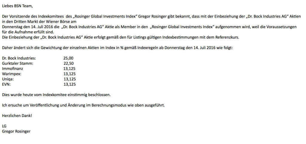 Indexevent 12: Aufnahme Dr. Bock Industries per 13.7. zu Referenzkurs 9 Euro und Re-Allokation (13.07.2016) 