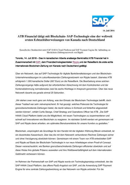 SAP: Echtzeitüberweisungen von Kanada nach Deutschland, Seite 1/3, komplettes Dokument unter http://boerse-social.com/static/uploads/file_1410_sap_echtzeituberweisungen_von_kanada_nach_deutschland.pdf (14.07.2016) 