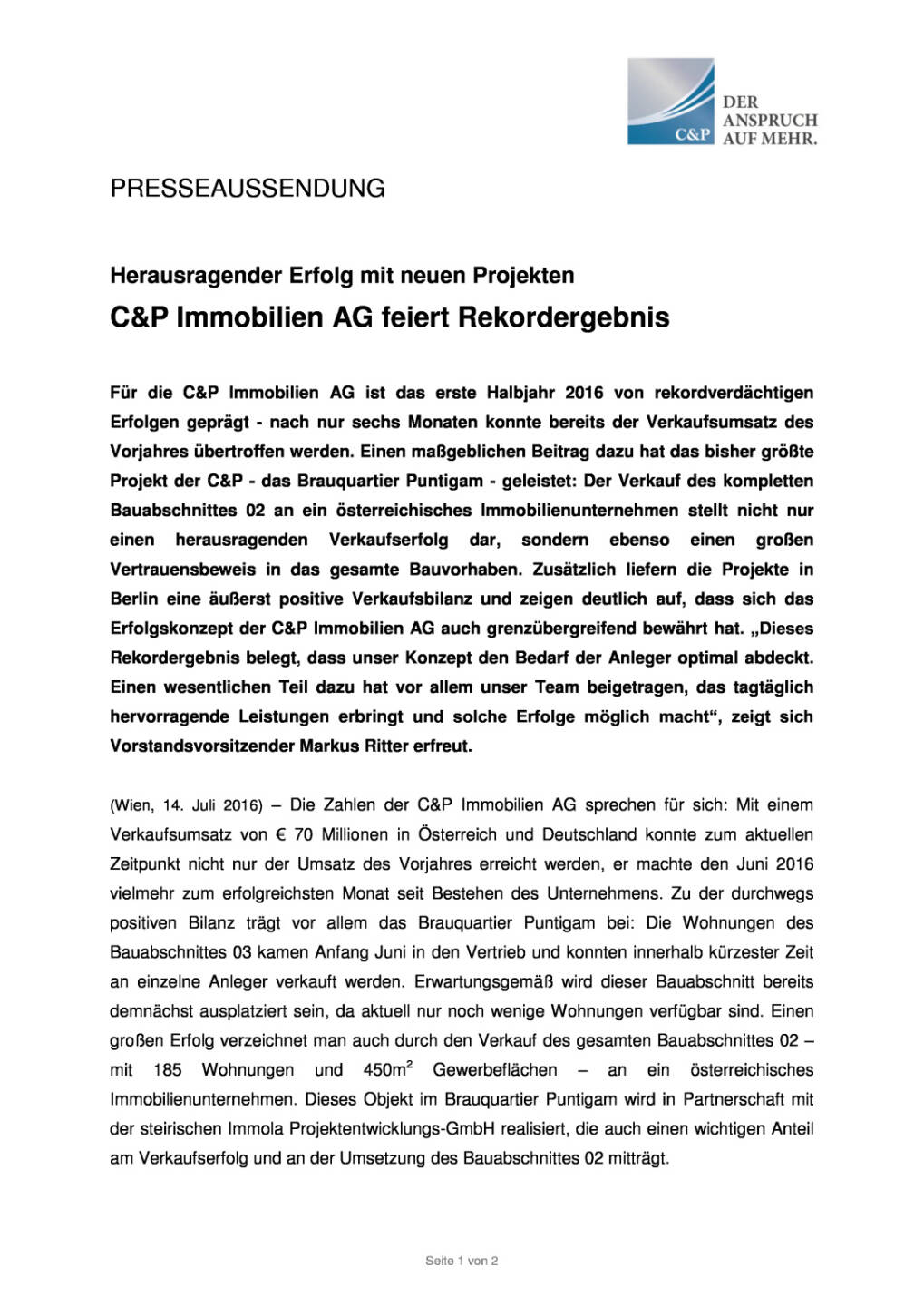 C&P Immobilien AG feiert Rekordergebnis, Seite 1/2, komplettes Dokument unter http://boerse-social.com/static/uploads/file_1414_cp_immobilien_ag_feiert_rekordergebnis.pdf