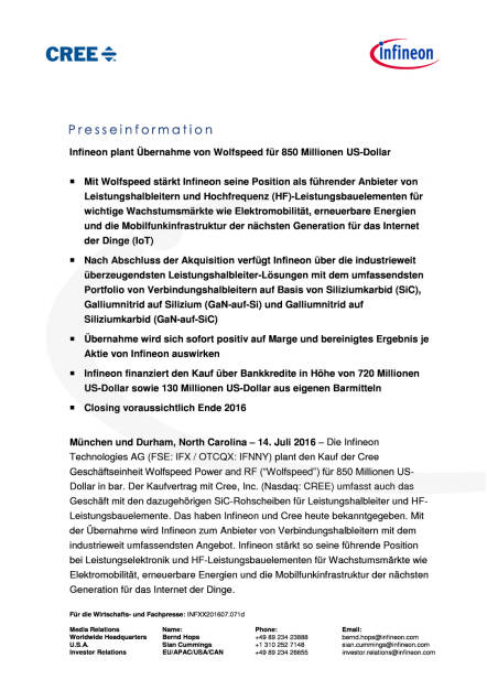 Infineon plant Übernahme von Wolfspeed, Seite 1/6, komplettes Dokument unter http://boerse-social.com/static/uploads/file_1413_infineon_plant_ubernahme_von_wolfspeed.pdf (14.07.2016) 