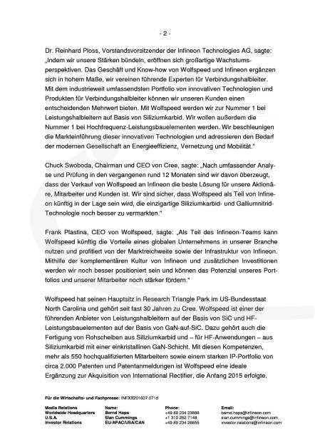 Infineon plant Übernahme von Wolfspeed, Seite 2/6, komplettes Dokument unter http://boerse-social.com/static/uploads/file_1413_infineon_plant_ubernahme_von_wolfspeed.pdf (14.07.2016) 