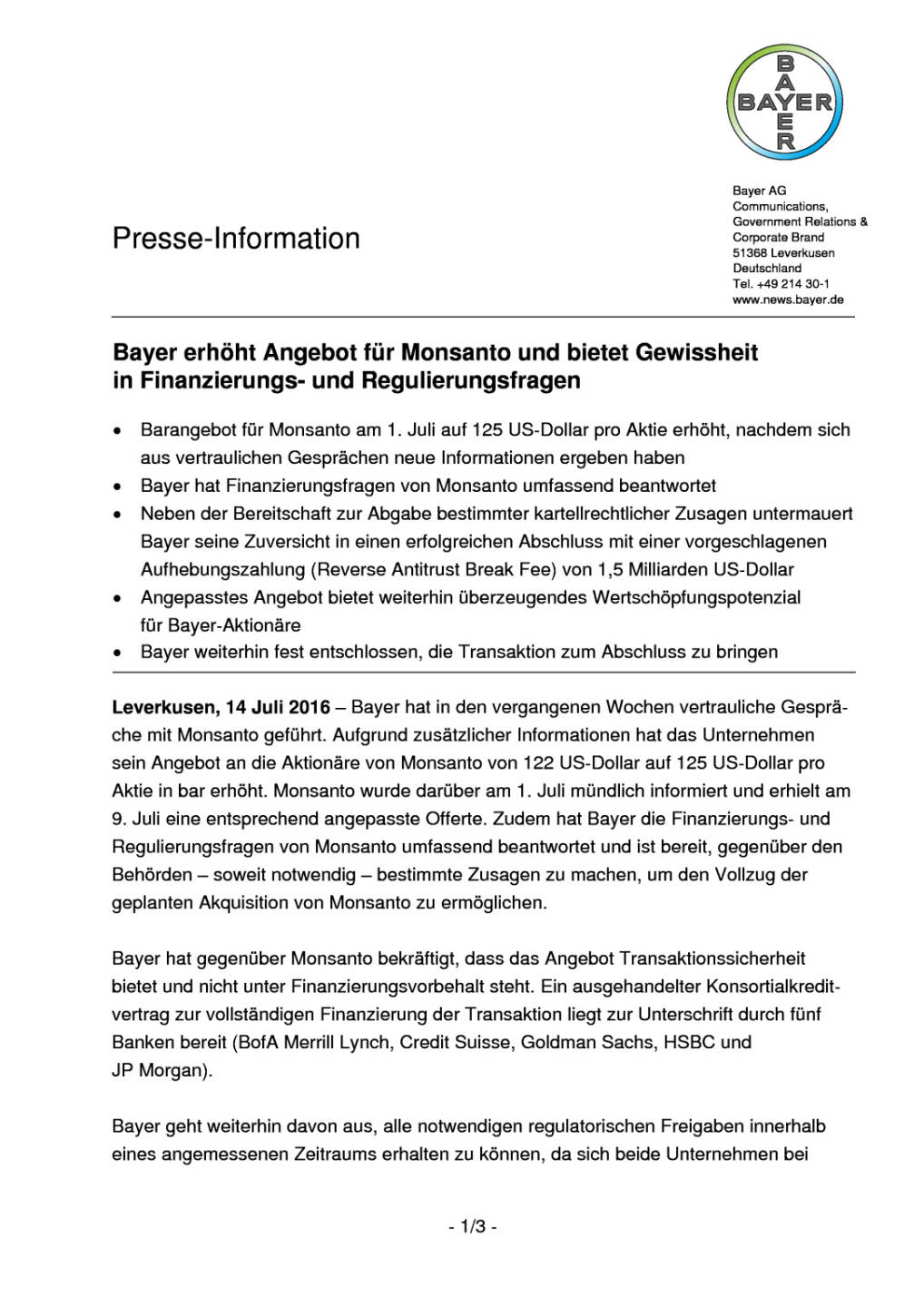 Bayer erhöht Angebot für Monsanto, Seite 1/3, komplettes Dokument unter http://boerse-social.com/static/uploads/file_1418_bayer_erhoht_angebot_fur_monsanto.pdf