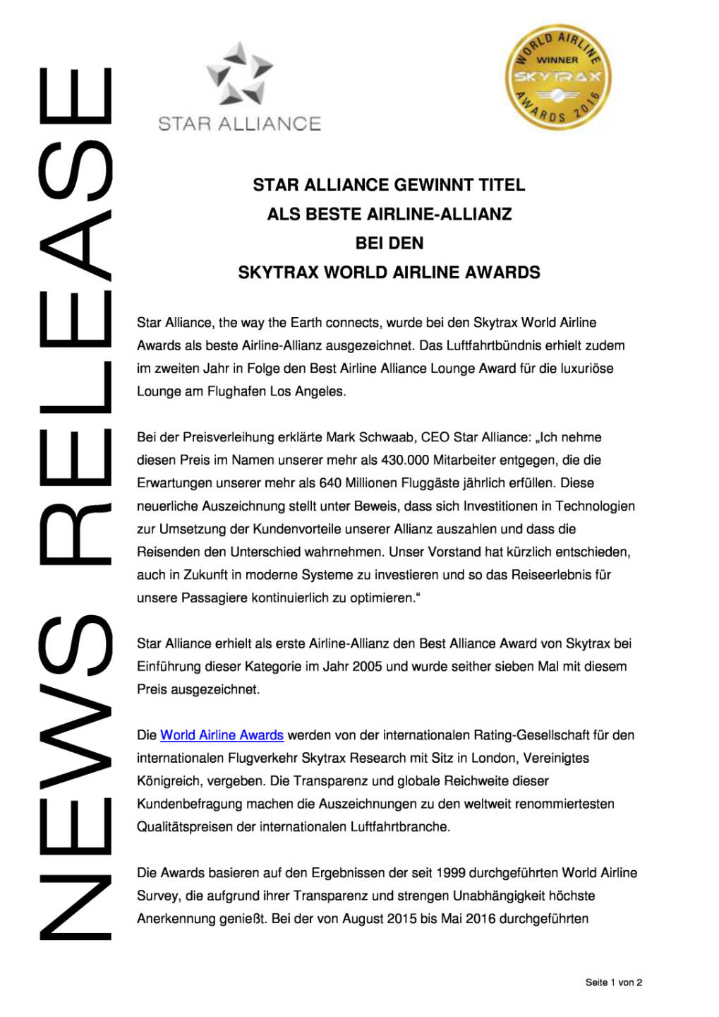 Star Alliance: Auszeichnung als als beste Airline-Allianz bei den Skytrax World Airline Awards , Seite 1/2, komplettes Dokument unter http://boerse-social.com/static/uploads/file_1422_star_alliance_auszeichnung_als_als_beste_airline-allianz_bei_den_skytrax_world_airline_awards.pdf