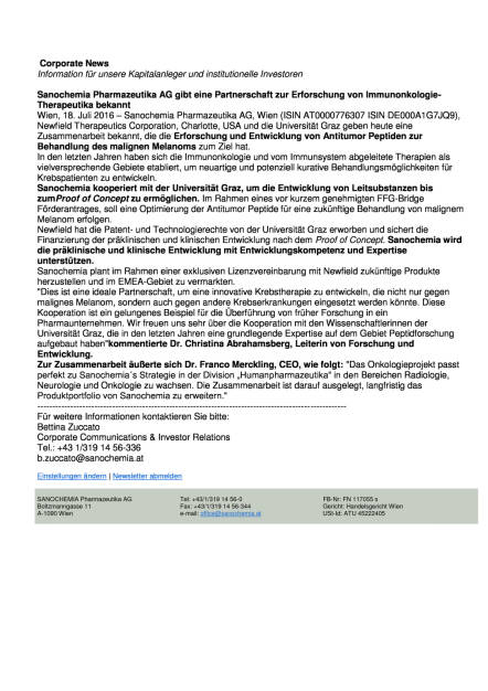 Sanochemia: Partnerschaft zur Erforschung von Immunonkologie-Therapeutika, Seite 1/1, komplettes Dokument unter http://boerse-social.com/static/uploads/file_1437_sanochemia_partnerschaft_zur_erforschung_von_immunonkologie-therapeutika.pdf (18.07.2016) 