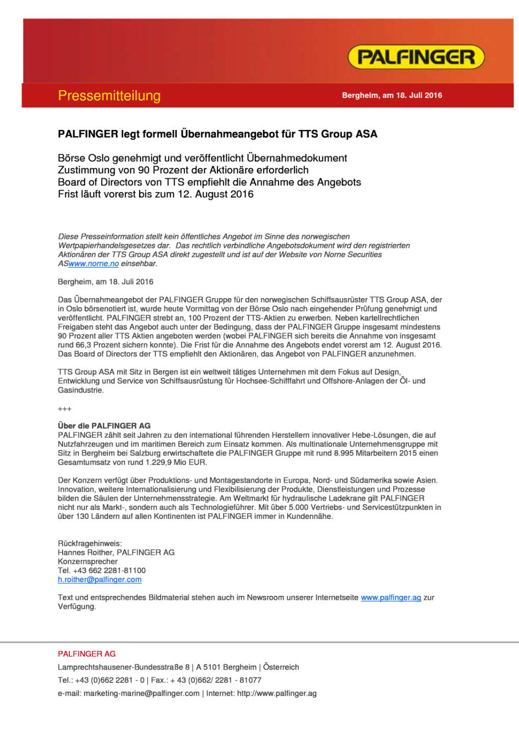 Palfinger: Übernahmeangebot für TTS Group ASA, Seite 1/1, komplettes Dokument unter http://boerse-social.com/static/uploads/file_1438_palfinger_ubernahmeangebot_fur_tts_group_asa.pdf
